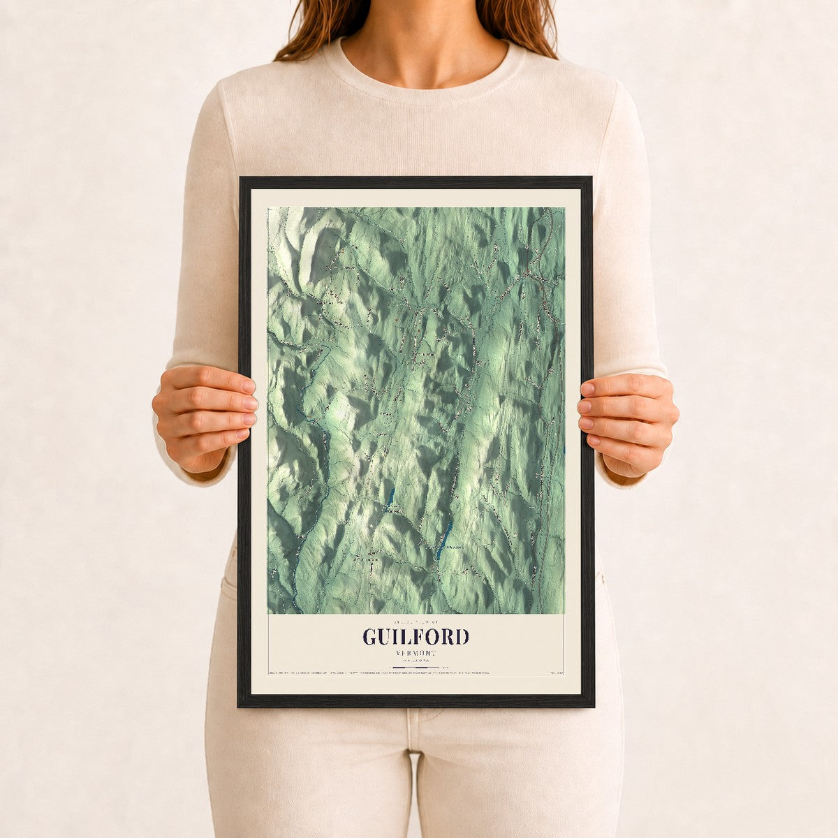 Guilford, Vermont map print - 12 x 18 black Ayous wood frame