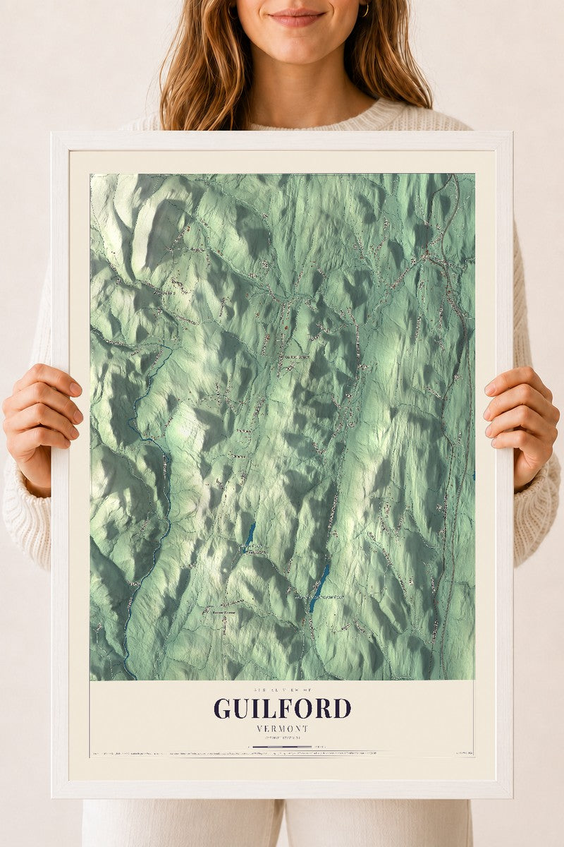 Guilford, Vermont map print - 18 x 24 white Ayous wood frame