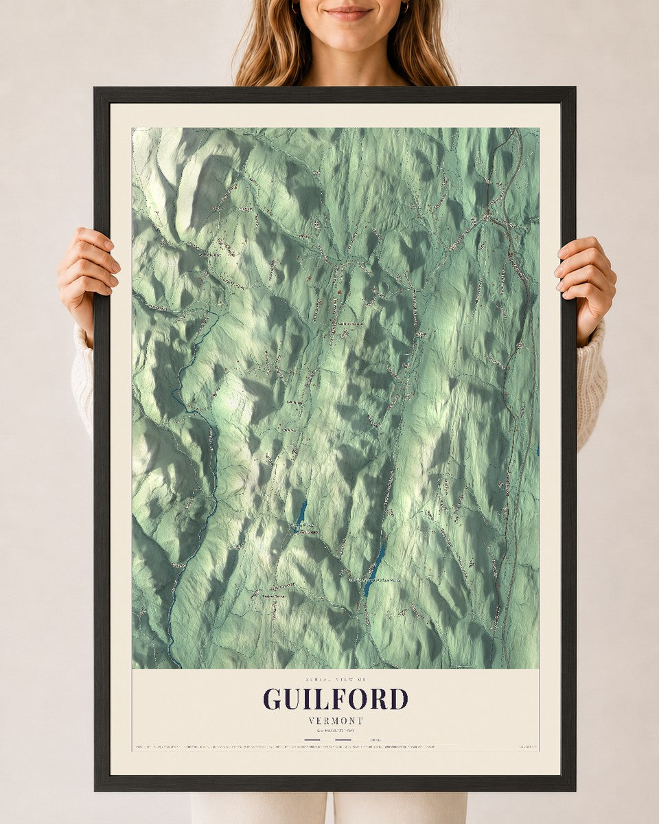 Guilford, Vermont map print - 24 x 36 black Ayous wood frame