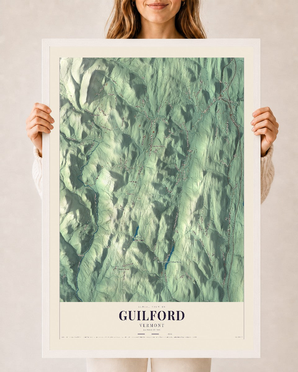 Guilford, Vermont map print - 24 x 36 white Ayous wood frame