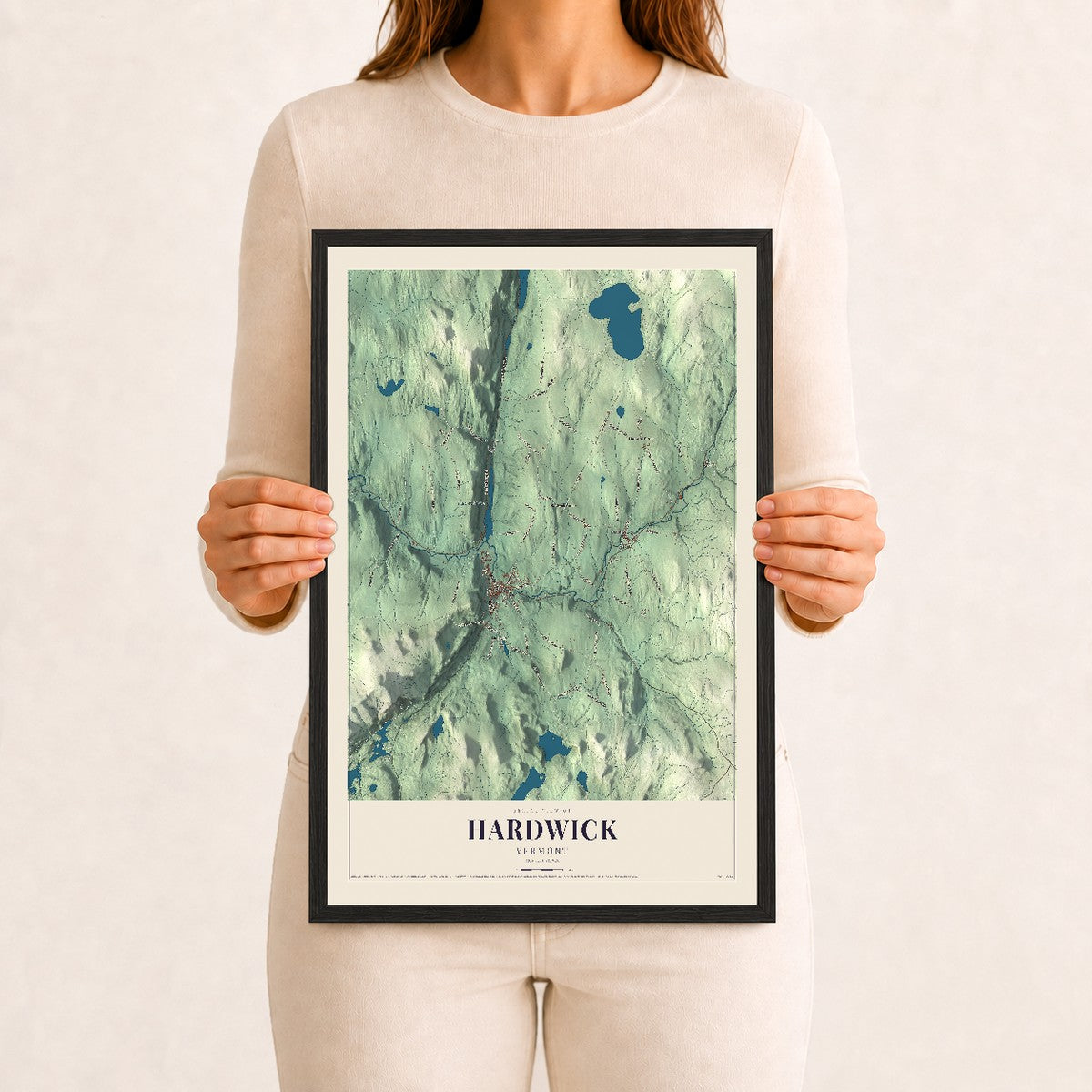 Hardwick, Vermont map print - 12 x 18 black Ayous wood frame