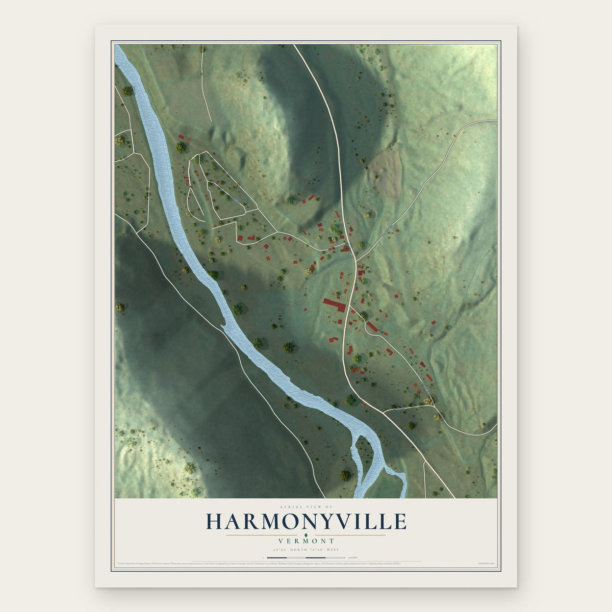 Harmonyville, Vermont map print, the full design