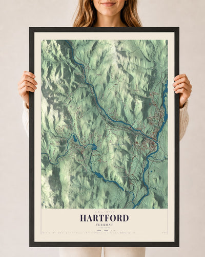 Hartford, Vermont map print - 24 x 36 black Ayous wood frame