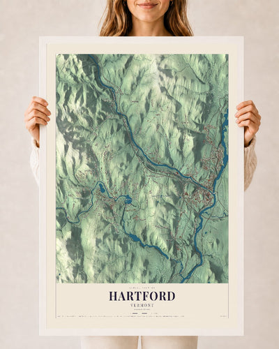 Hartford, Vermont map print - 24 x 36 white Ayous wood frame