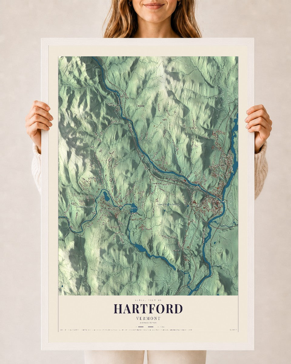 Hartford, Vermont map print - 24 x 36 white Ayous wood frame