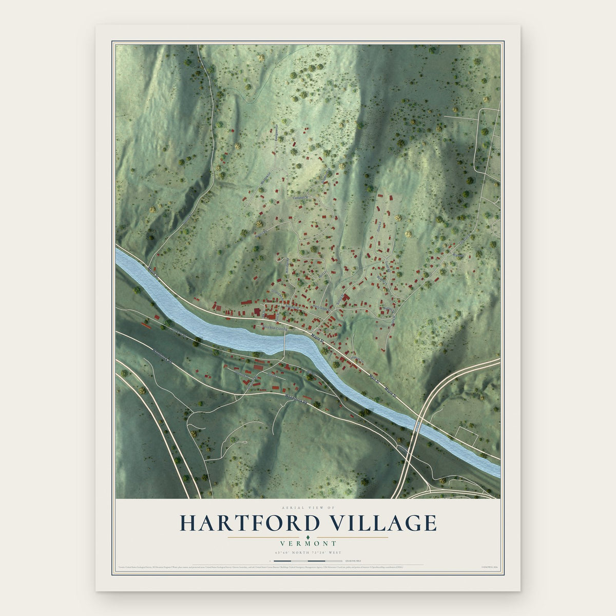 Hartford Village, Vermont map print, the full design