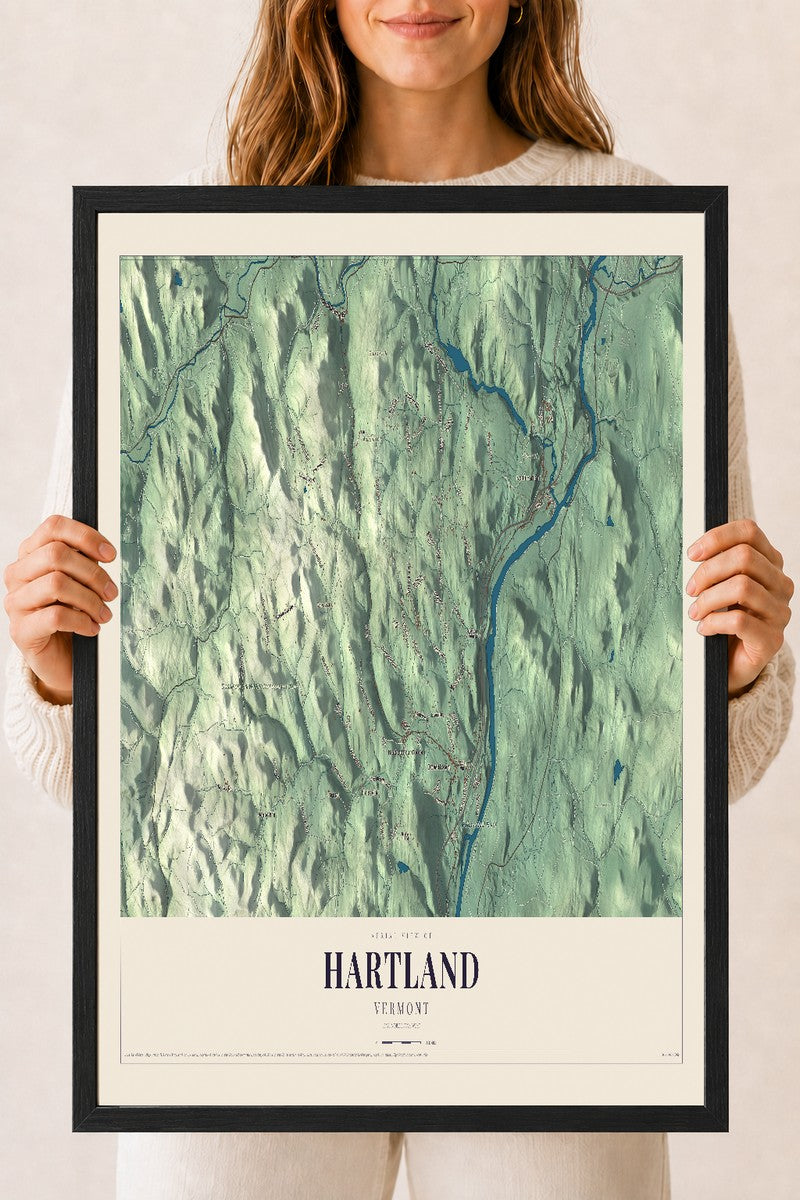 Hartland, Vermont map print - 18 x 24 black Ayous wood frame