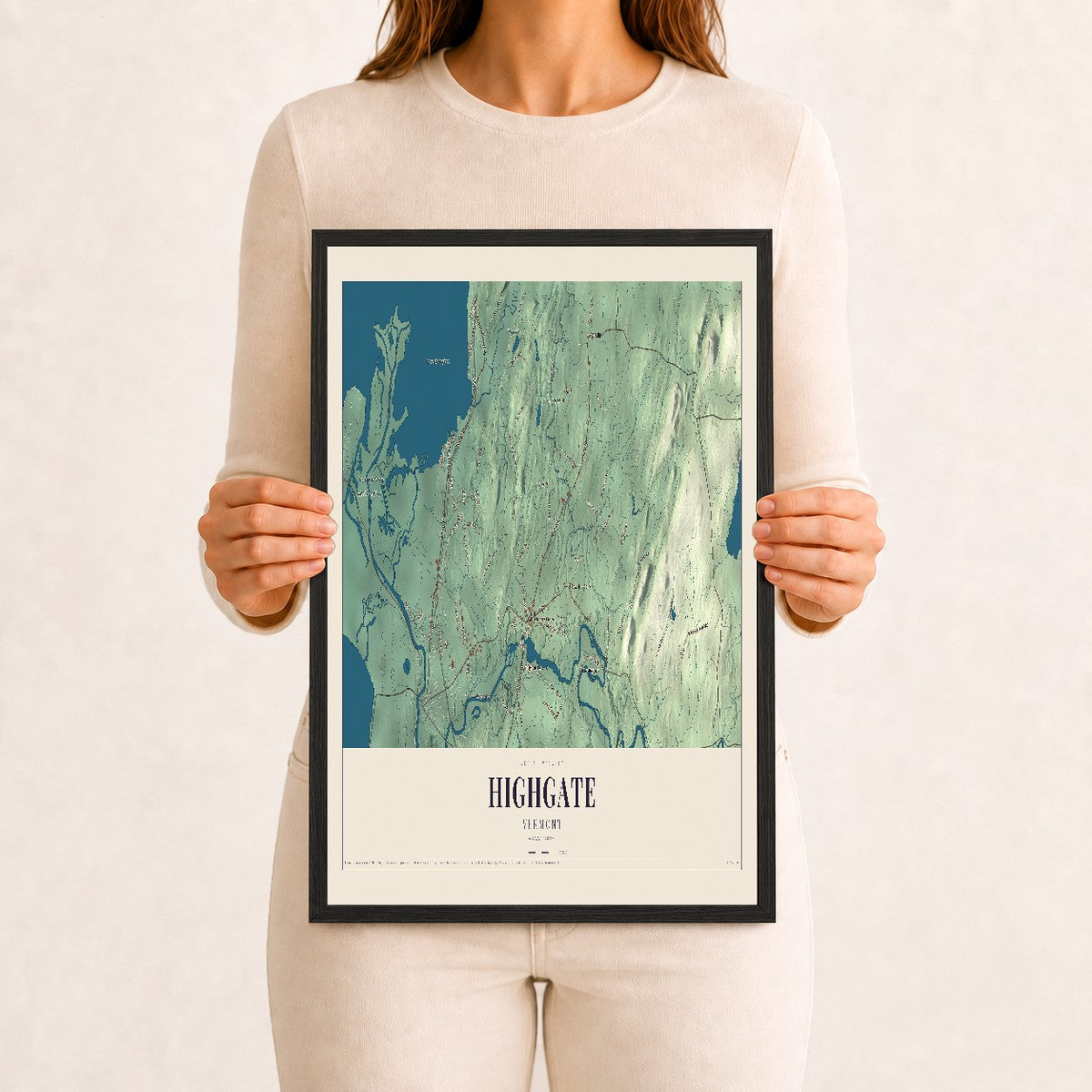 Highgate, Vermont map print - 12 x 18 black Ayous wood frame