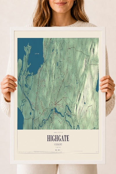 Highgate, Vermont map print - 18 x 24 white Ayous wood frame