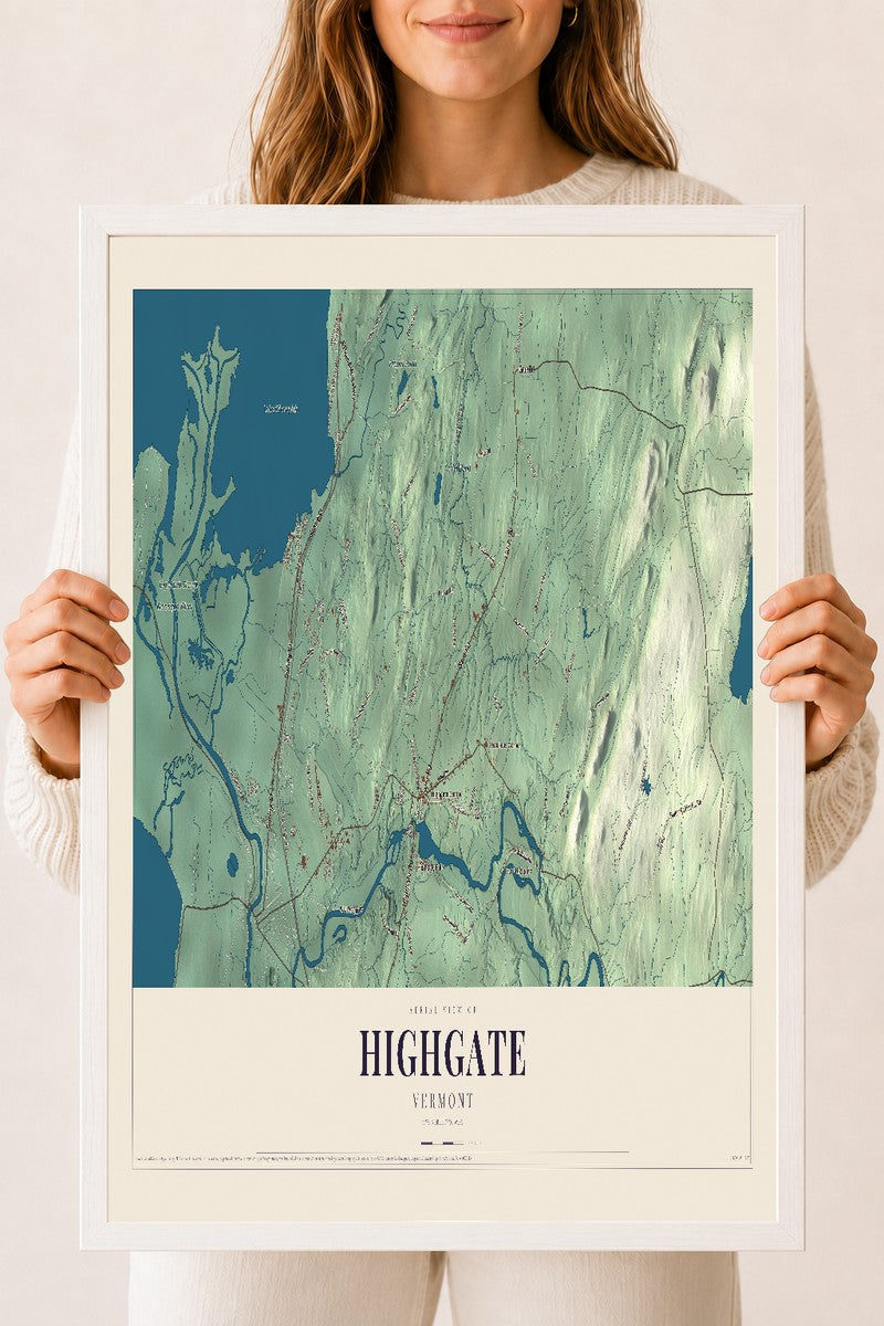 Highgate, Vermont map print - 18 x 24 white Ayous wood frame