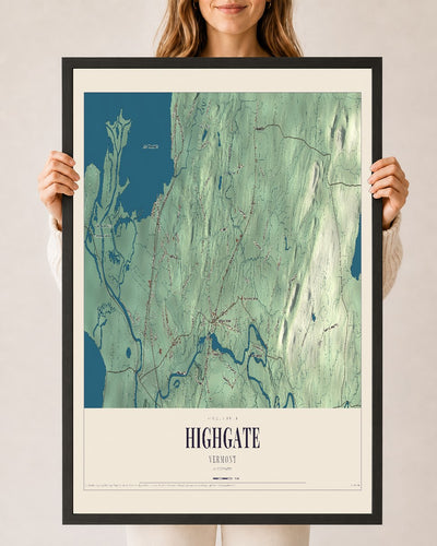 Highgate, Vermont map print - 24 x 36 black Ayous wood frame