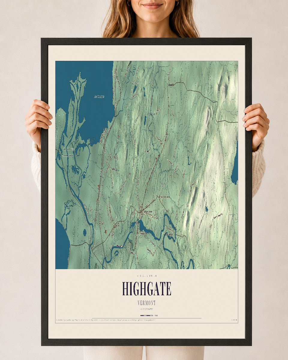 Highgate, Vermont map print - 24 x 36 black Ayous wood frame