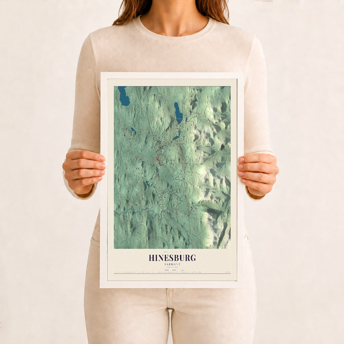 Hinesburg, Vermont map print - 12 x 18 white Ayous wood frame
