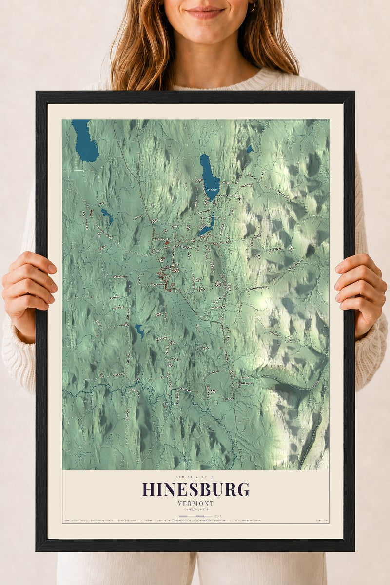 Hinesburg, Vermont map print - 18 x 24 black Ayous wood frame