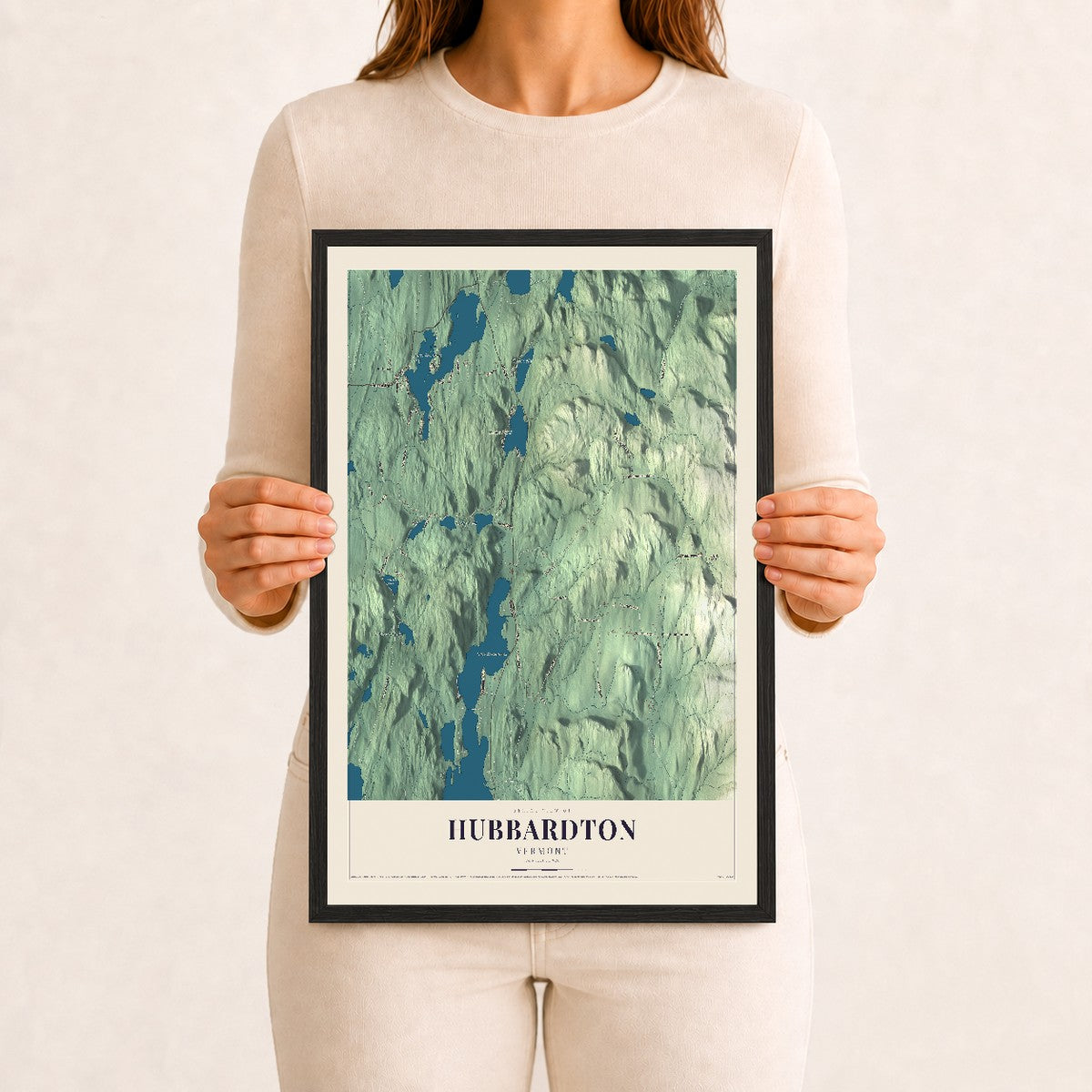 Hubbardton, Vermont map print - 12 x 18 black Ayous wood frame