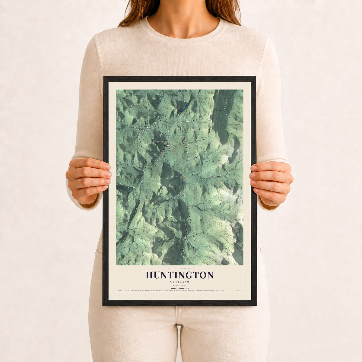 Huntington, Vermont map print - 12 x 18 black Ayous wood frame