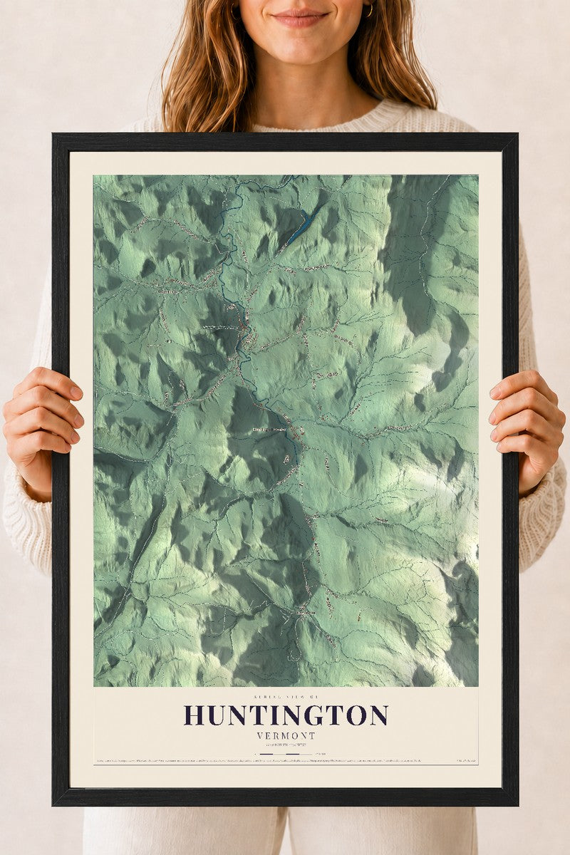 Huntington, Vermont map print - 18 x 24 black Ayous wood frame