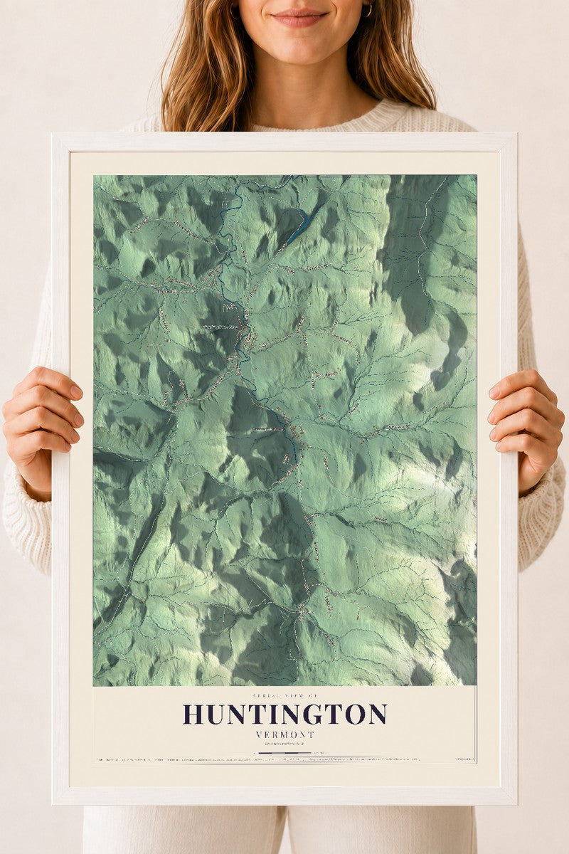 Huntington, Vermont map print - 18 x 24 white Ayous wood frame