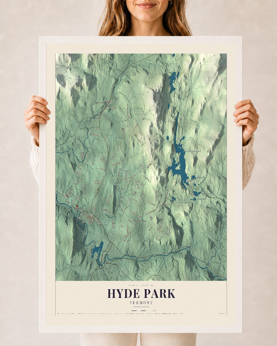 Hyde Park, Vermont map print - 24 x 36 white Ayous wood frame