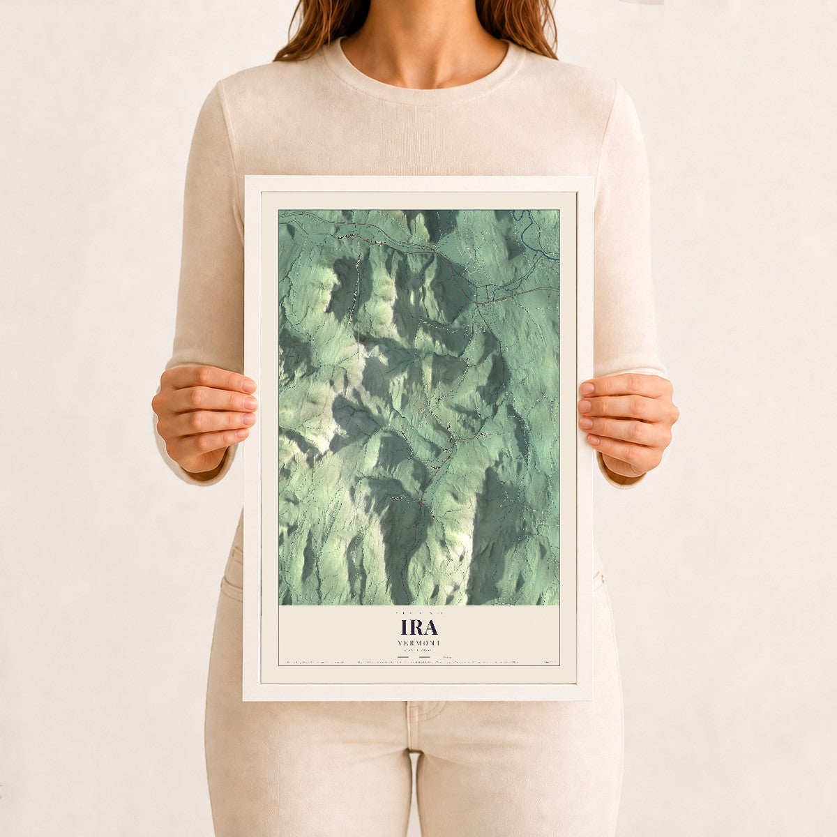Ira, Vermont map print - 12 x 18 white Ayous wood frame