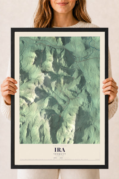 Ira, Vermont map print - 18 x 24 black Ayous wood frame