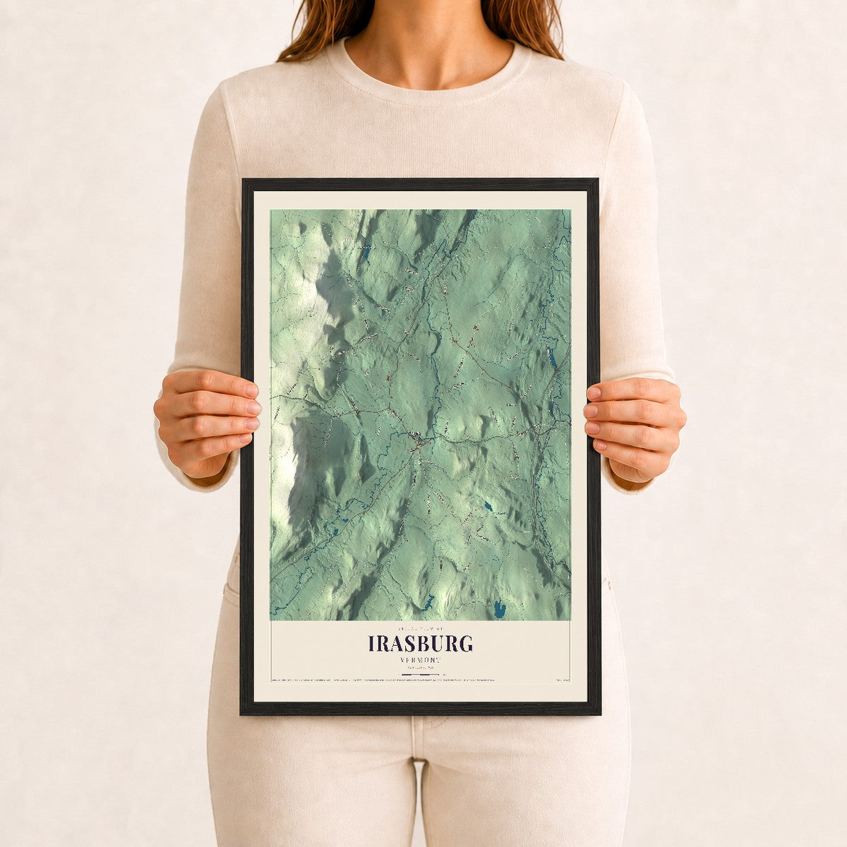 Irasburg, Vermont map print - 12 x 18 black Ayous wood frame