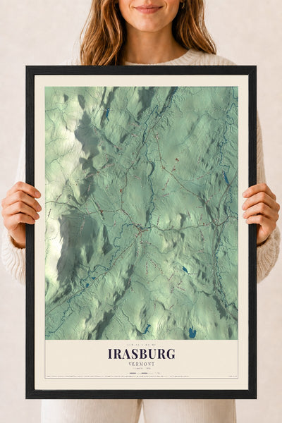 Irasburg, Vermont map print - 18 x 24 black Ayous wood frame