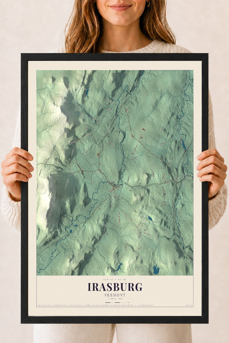 Irasburg, Vermont map print - 18 x 24 black Ayous wood frame