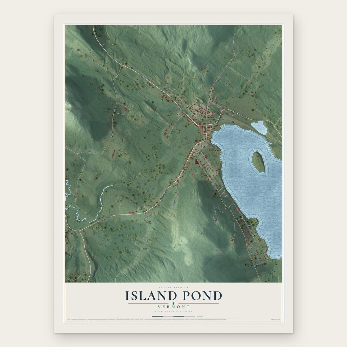 Island Pond, Vermont map print, the full design