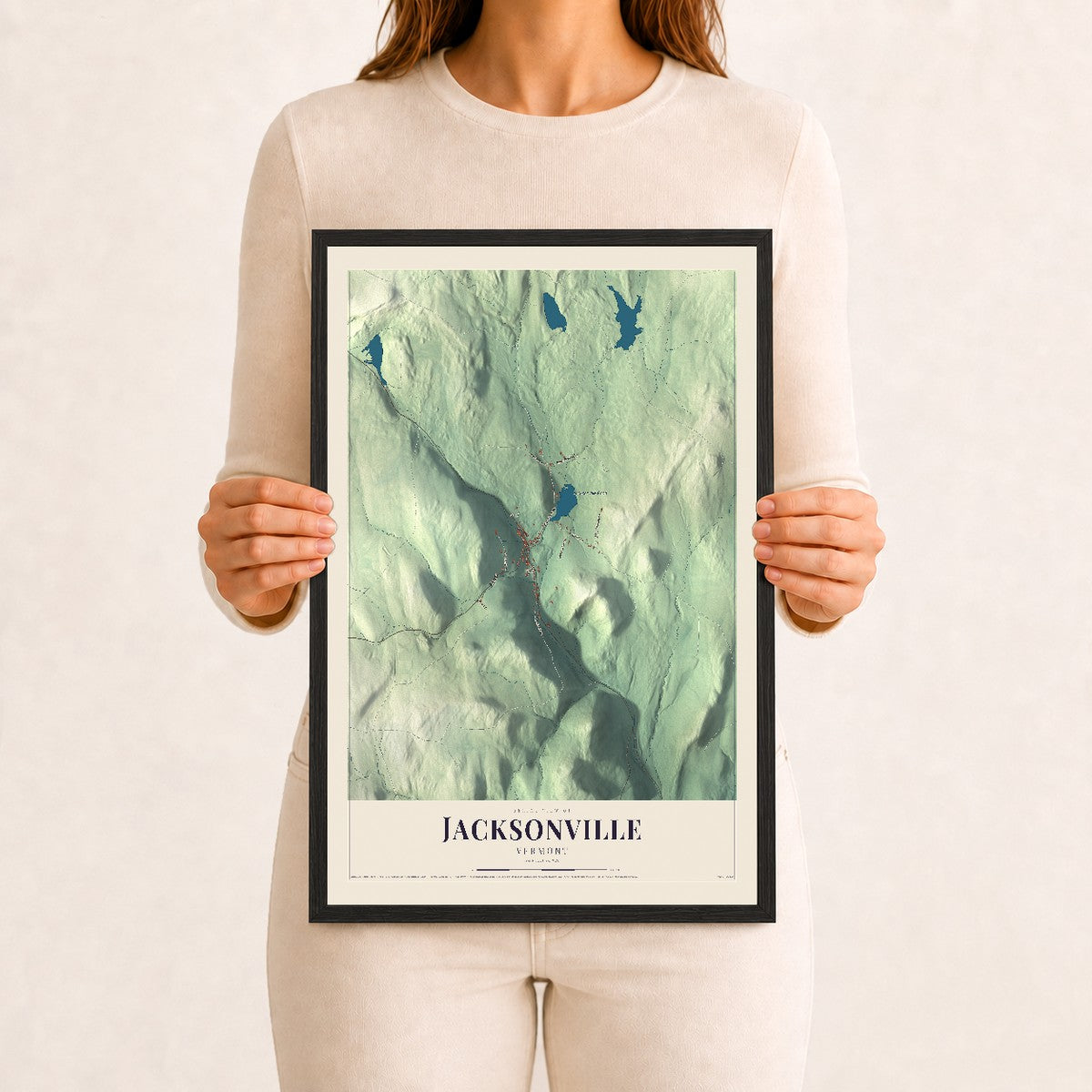 Jacksonville, Vermont map print - 12 x 18 black Ayous wood frame