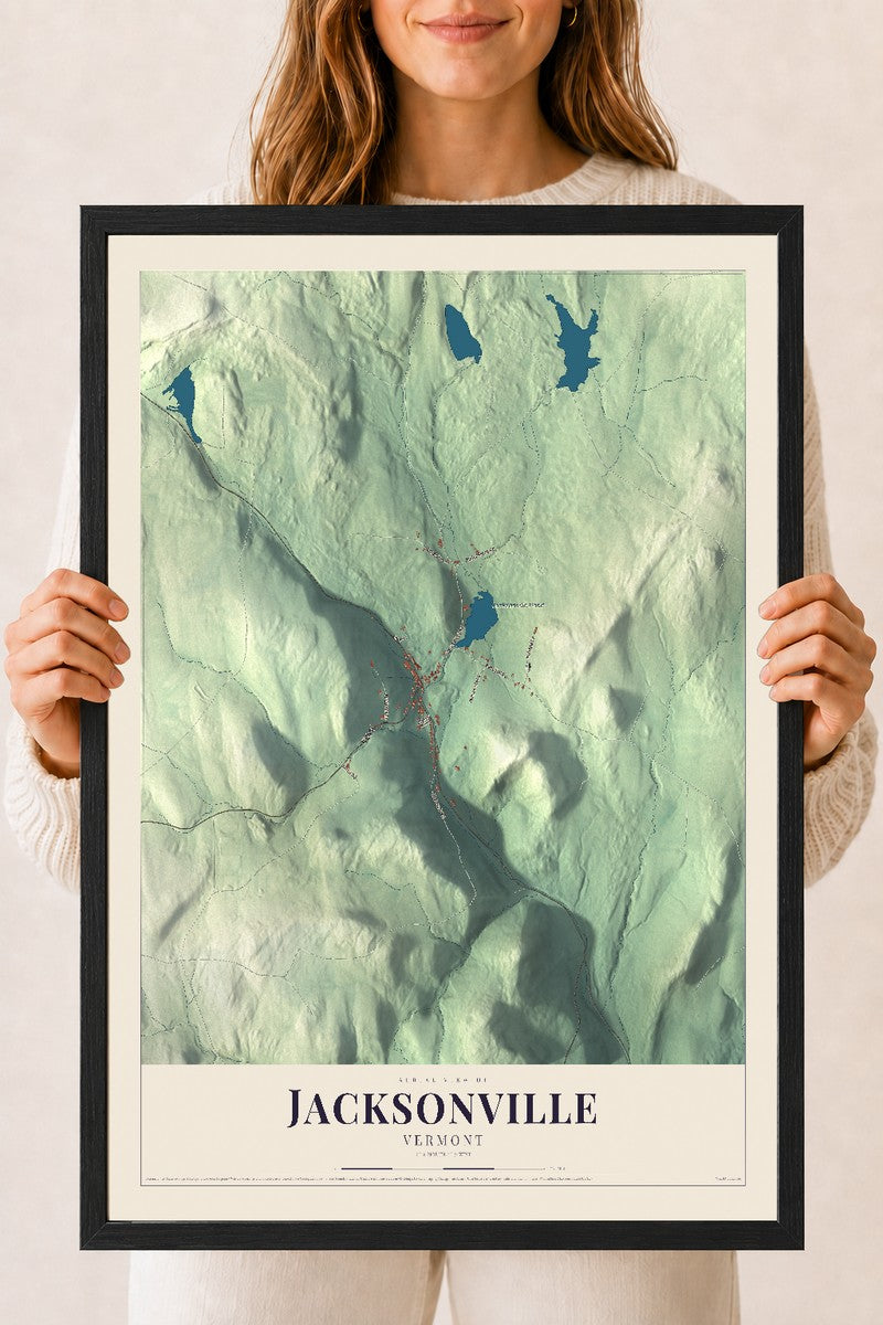 Jacksonville, Vermont map print - 18 x 24 black Ayous wood frame