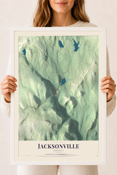 Jacksonville, Vermont map print - 18 x 24 white Ayous wood frame