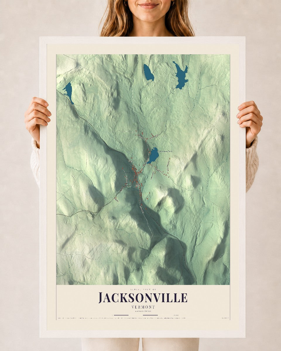 Jacksonville, Vermont map print - 24 x 36 white Ayous wood frame