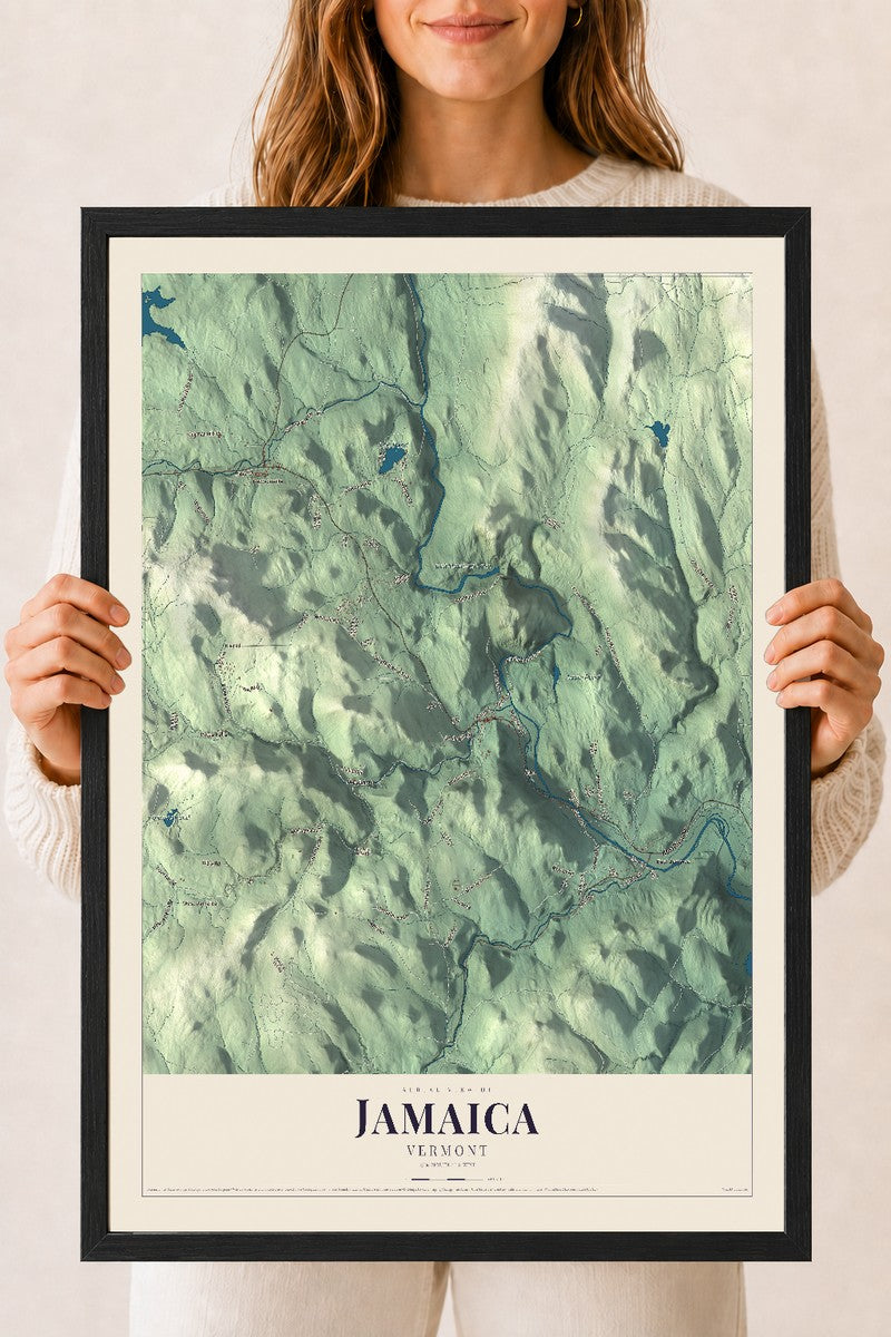 Jamaica, Vermont map print - 18 x 24 black Ayous wood frame
