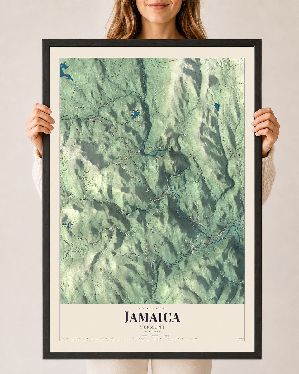 Jamaica, Vermont map print - 24 x 36 black Ayous wood frame