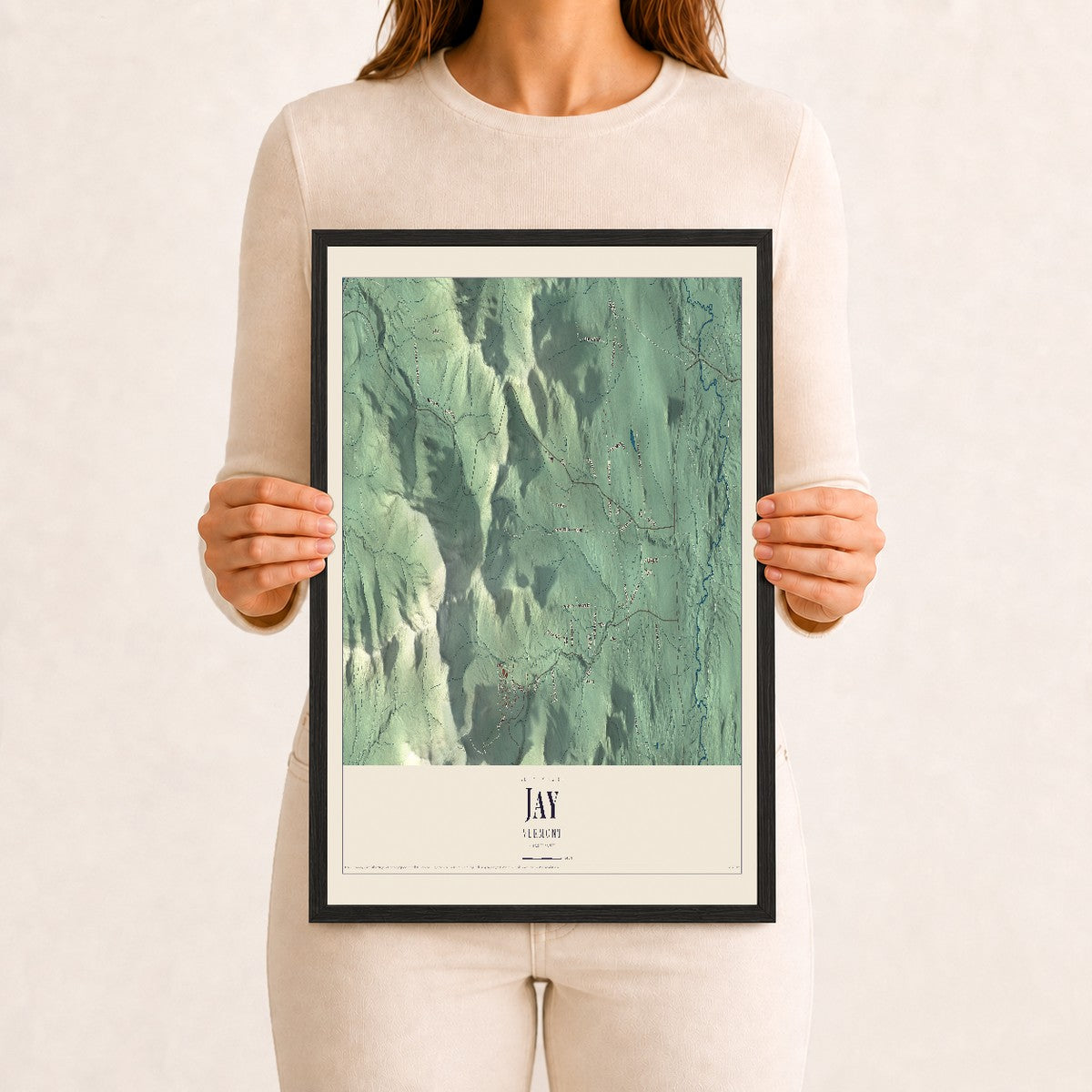 Jay, Vermont map print - 12 x 18 black Ayous wood frame