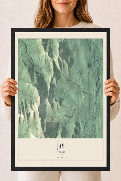 Jay, Vermont map print - 18 x 24 black Ayous wood frame
