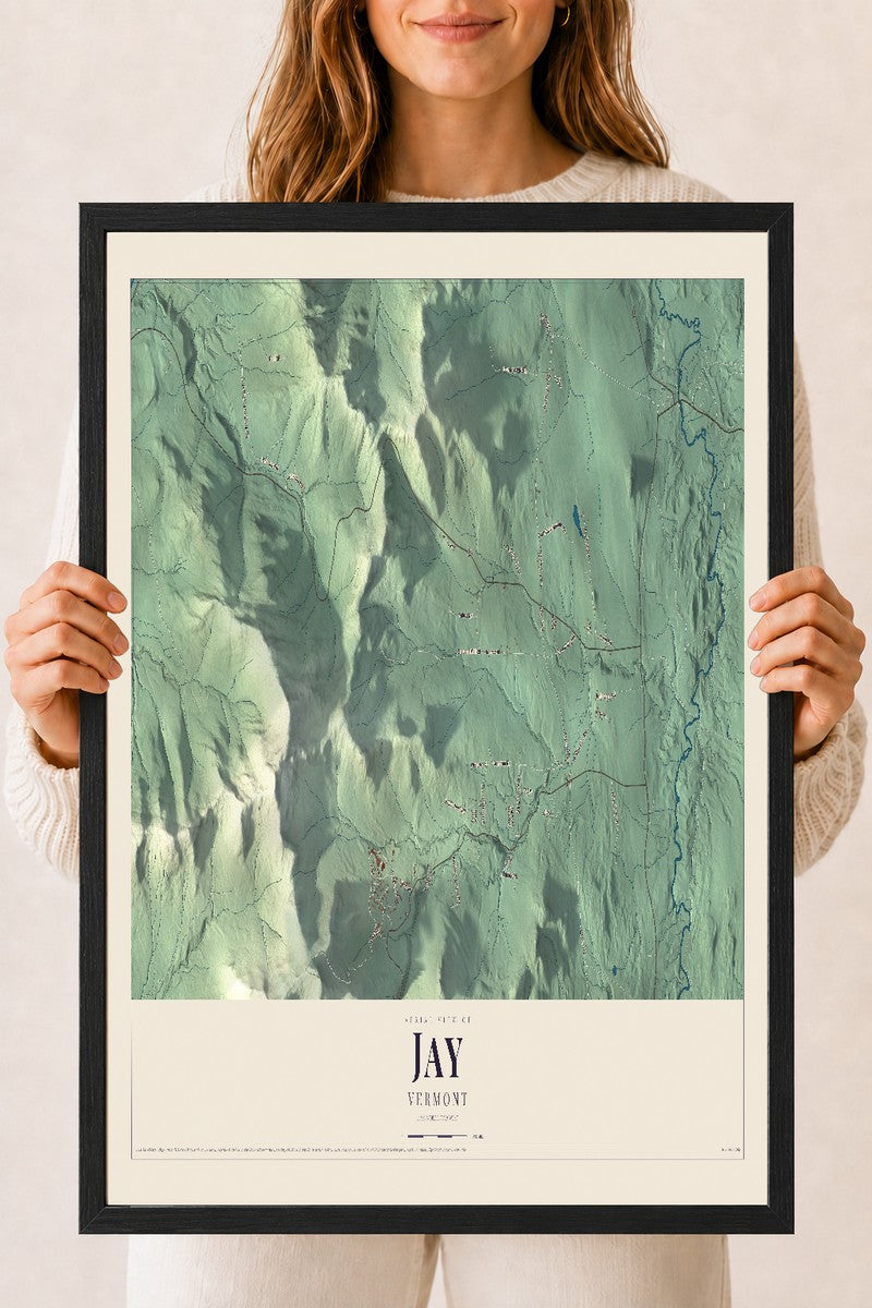 Jay, Vermont map print - 18 x 24 black Ayous wood frame