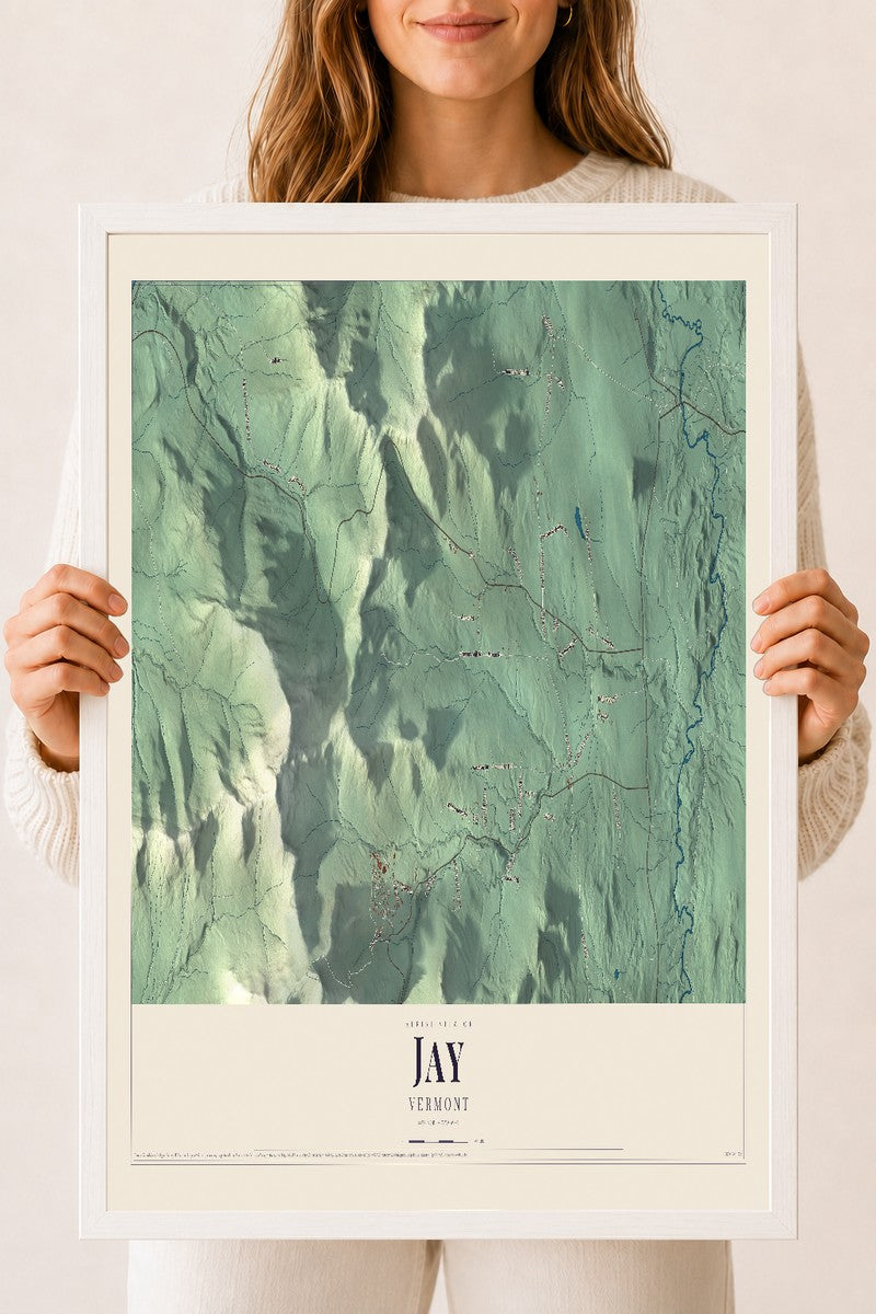 Jay, Vermont map print - 18 x 24 white Ayous wood frame