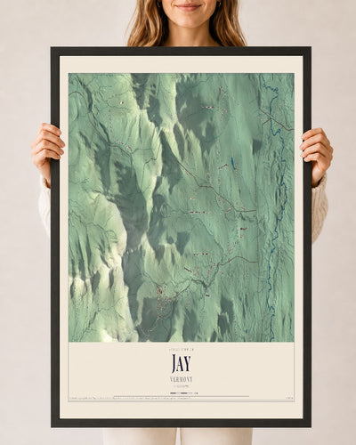 Jay, Vermont map print - 24 x 36 black Ayous wood frame