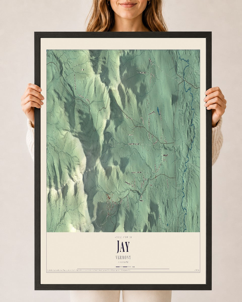 Jay, Vermont map print - 24 x 36 black Ayous wood frame