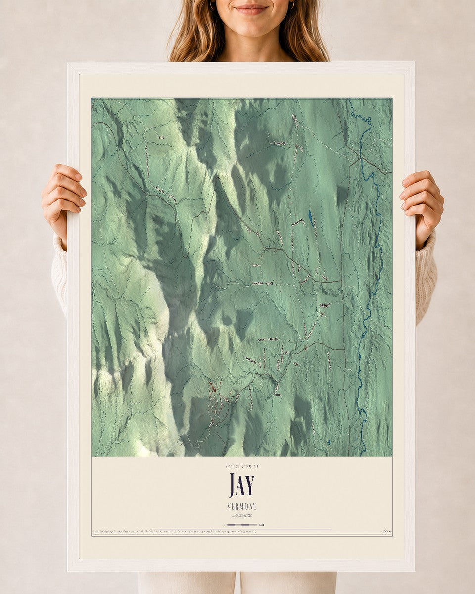 Jay, Vermont map print - 24 x 36 white Ayous wood frame
