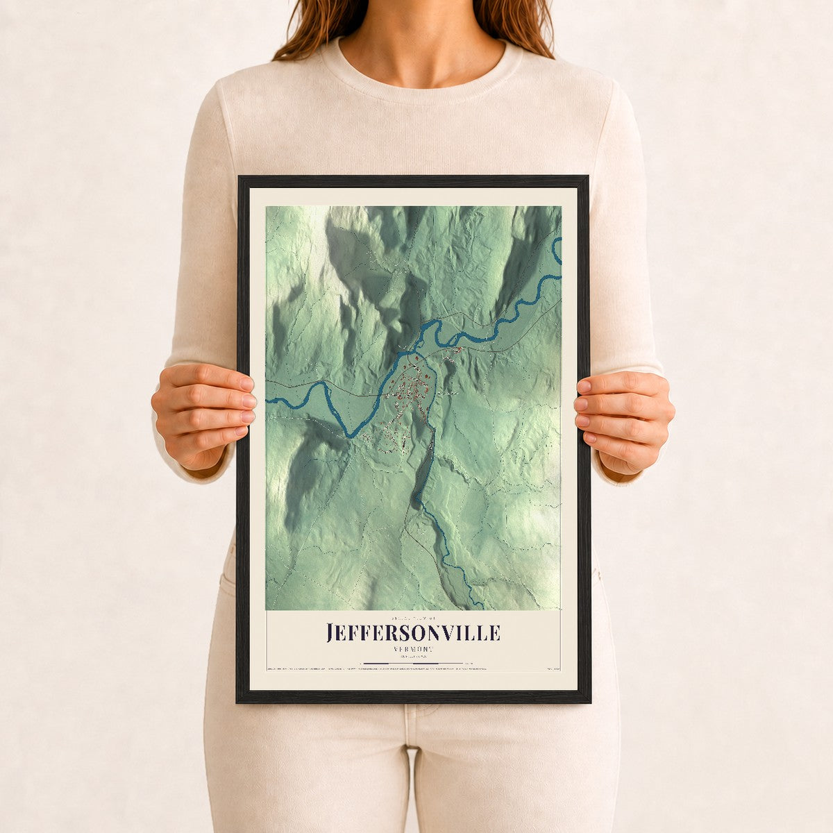 Jeffersonville, Vermont map print - 12 x 18 black Ayous wood frame