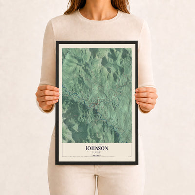Johnson, Vermont map print - 12 x 18 black Ayous wood frame