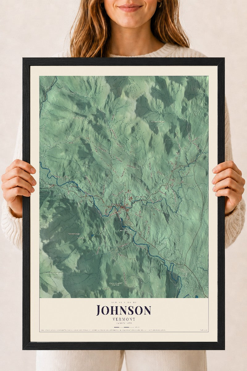 Johnson, Vermont map print - 18 x 24 black Ayous wood frame