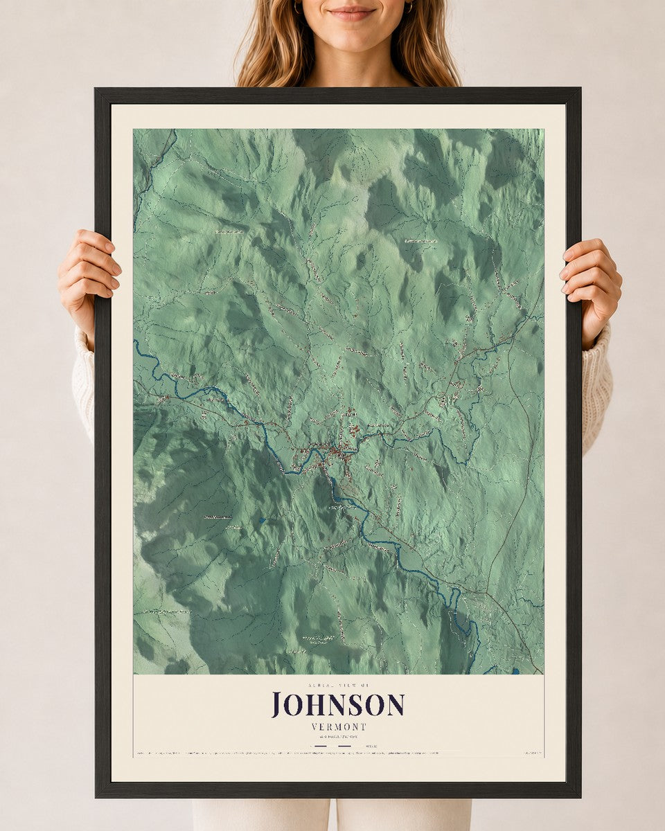 Johnson, Vermont map print - 24 x 36 black Ayous wood frame