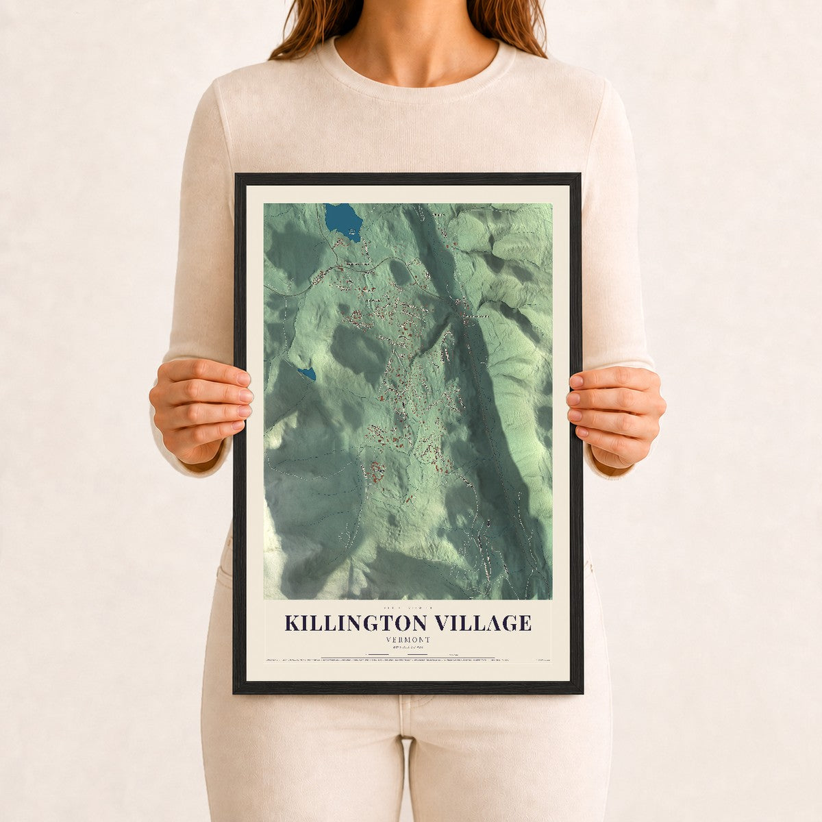 Killington Village, Vermont map print - 12 x 18 black Ayous wood frame