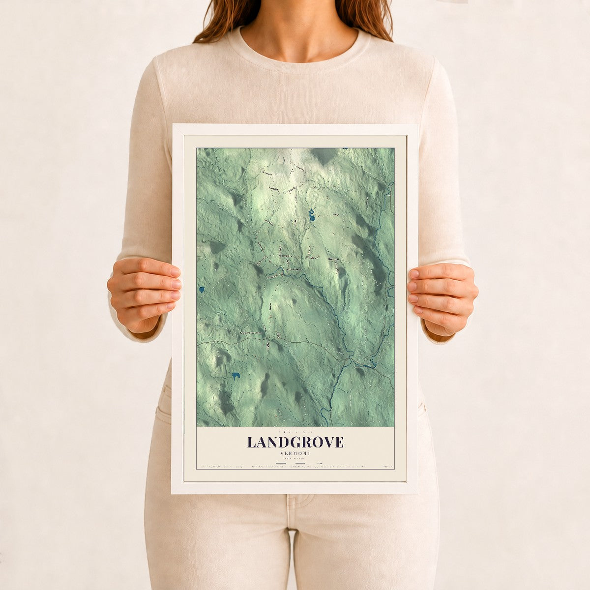 Landgrove, Vermont map print - 12 x 18 white Ayous wood frame