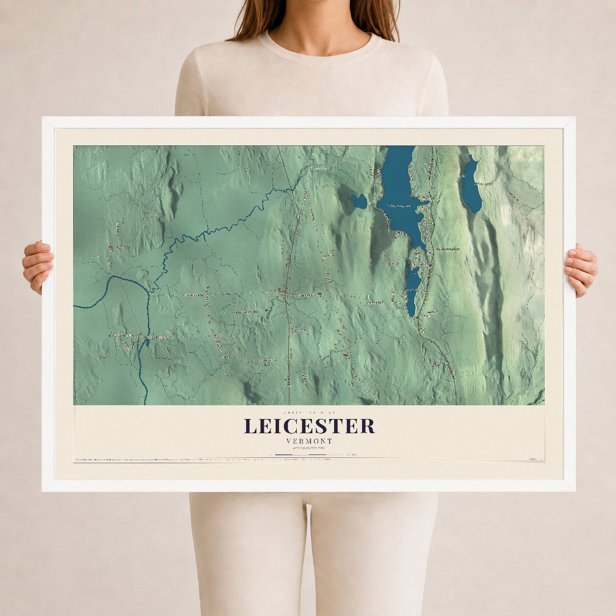 Map of Leicester, Vermont, 24 x 36 inch print in a white wood frame