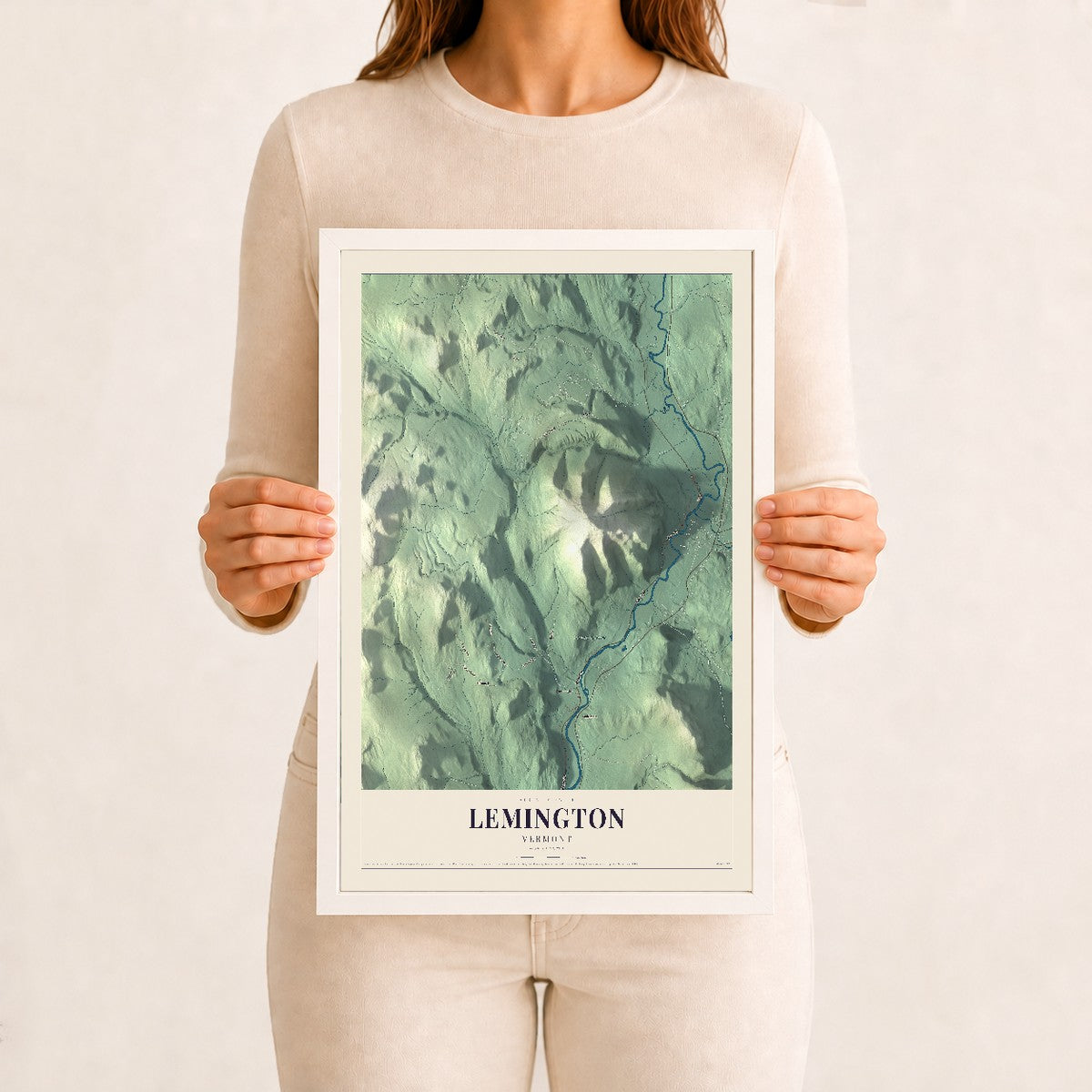 Lemington, Vermont map print - 12 x 18 white Ayous wood frame